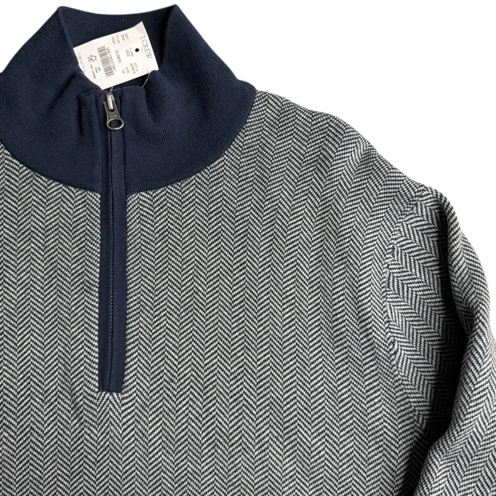 NWT J.Crew Men’s Cotton Herringbone Quarter Zip‎ Sweater Navy Gray Size M